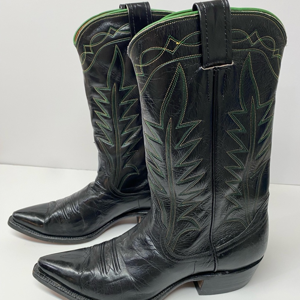 Nocona Women’s Black Leather Western Cowboy Boots Size 10 Green/Yellow Stitching